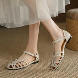 Summer Bohemian Retro Buckle With Bun Head Woven Sandals Women Flat Bottom Hollow Roman