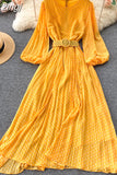 Vintage Yellow/Purple/Blue Polka Dot Chiffon Long Dress Women Elegant O-Neck Puff Sleeve Pleated Party Robe Female