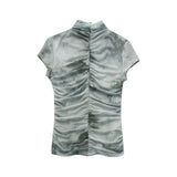 New Silk Screen Printing Pleated Trim Blouse