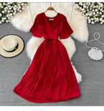 New V-Neck Short-Sleeved Dress Over Knee-Repaired Lady's Waist Tie Mid-Slap