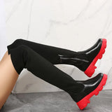 Zingj / Winter Thick Bottom Round Leather Knit Knee Boots Women's Plus Size Elastic Fly Wool Leather Boots-Outfit
