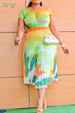Pieces Set Sexy Spring Fashion Women Sets 2023 Female Tops Floral Print Short Sleeve Shirt Elastic Waist Long Pleated