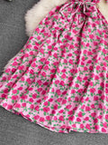 Women Floral Printed Midi Dress Vintage V-Neck Short Sleeve High Waist A-Line Casual Vestidos Female 2023 New