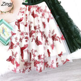 Tulle Skirt Women Vintage Butterfly Embroidery Elastic High Waist A-Line Mesh Pleated Skirt Female Midi Skirt Faldas