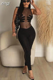 Handprint Patchwork Jumpsuit Women Sleeveless Skinny Mesh See Through One Piece Overalls Midnight Workouts