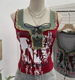 Shooting Hottie Hairy Denim Spliced Printed Vest With Bows Short Sleeveless Top