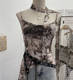 Spice Girls Newspaper Tie-Dye Printing Net Waste Vest Irregular Rope Ribbon