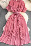 Women Pleated Midi Dress Purple/Red/White Stand Collar Short Flare Sleeve High Waist A-Line Ruffle Party Vestidos