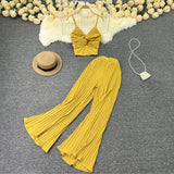 Zingj Suit Female Feel V-Neck Kink Sling Vest Two-Piece High Waist Slim Pleated Wide Leg