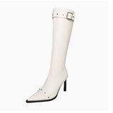 Pointed Thin And Metal Rivet Locomotive Walking Show Women's Boots Belt Buckle Large-Size Knight High And Fashion