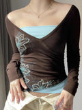 Women's Clothing Crash Color Fake Two Big V-Neck T-Shirt Tight Hottie Temperament Retro New Long-Sleeved