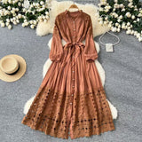 Retro Hollow Hook Lace Splicing Bow Strap With Waist Single Buckle Over Knee Dress New Autumn