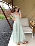 Xixi 2025 Summer New Korean Version Of Elegant Square Lead Flying Sleeve Dress Pure Desire Skirt
