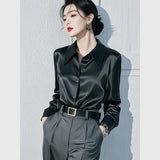 Light Luxury Beautiful Black Collared Long-Sleeved Shirt Women Spring And Autumn Commuting Professional