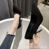 Large-Size High-Heeled Women 2025 Spring And Autumn New Black Fine Heel Pointed Light Mouth Velvet Professional Work