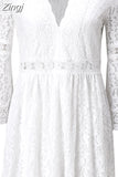 Women Elegant Floral Lace Long Sleeve Dress See Through V-neck Solid Color High Waist Hollow Out Party Dress Female Vestidos