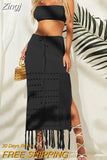 Women Swimming Cover-up Skirt Set Summer Knit Beach Outfits Hollowed Tassel Long Skirt with Tube Top Skirt Two Piece