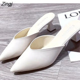 Summer Fashion Women Pointed Toe Slipper Nude White Square Low Heels Outsides Ladies Slides Luxury Brand Beach Mules