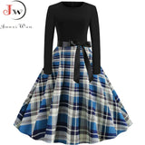 Women Long Sleeve Plaid Print Winter Dress Casual Black Patchwork Vintage Rockabilly Dress Robe Slim Elegant Party