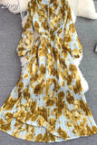 Autumn Bohemian Women Tie Dye Printed Pleated Long Dress Boho Stand Collar Puff Sleeve High Waist Draped Maxi Vestido