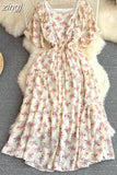 Women Floral Lace Midi Dress Vintage Square Collar Short Sleeve High Waist A-Line Slim Flower Printed Vestidos