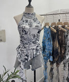 Irregular Hanging Neck Dyeing Net Yarn Vest Lotus Side Ribbon Short Sleeveless Top