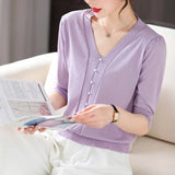New Small Fragrant Wind V-Neck Pearl Button Ice Silk Sweater Age Reduction Show Thin Gentle Temperament