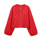 Women's ZA Autumn And Winter New Round Neck Soft Short Bomber Jacket