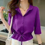 Women Solid Turn-down Collar Half Sleeve Chiffon Shirt Fashion Casual Shirring Single-breasted Blouses Female