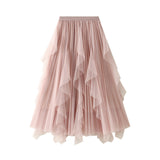 Spring New High-Waisted Lotus Leaf Side Splicing Mesh Dress Half-Dress Woman's Long-Term Large Folding Skirt