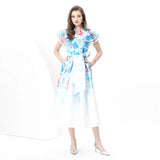 Style V Tie With Belt Mesh Yarn Leaves Side Splicing Large Swing Printing Long Dress 2025