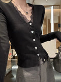 Women V-Neck Lace Spliced Knitted Shirt Women Autumn Winter Slim Small Gentle Comfortable Thin Inside