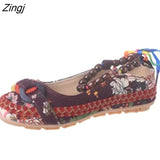 Size Flat Shoes Woman Beaded Strap Women Colorful Back Lace up Fashion Ladies Floral Cotton Fabric Women's