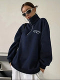 Women's Casual Half-Zip Embroidery Loose Long-Sleeved