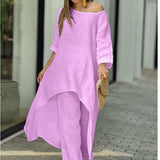 New Women's Cotton And Cotton Fashion Casual Large Code Irregular Long-Sleeved Set Of Wide Leg Pants Two