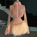Cocktail Dresses A-line Long Sleeves Short Mini Tulle Feather Beaded Homecoming Dresses Haute