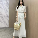 French-Style Suit Women's Fashion Collar Short-Sleeved Waist Top + High-Waisted 100-Folded Skirt Two-Set