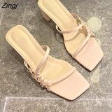 Women Slippers Sexy High Heels Outdoor Slides Women Summer Shoes Sandals Heels Female Square Toe Slipper Designer Brand
