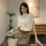 Xixi 2025 Autumn New White Standard Temperament High-Neck Solid Color Knit Shirt Short-Sleeve Top Lady