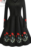 V-neck Embroidery Slim Bodycon Women Long Sleeve Winter Elegant Vintage Black Party