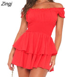 Women's Summer Short A-line Dress Short Sleeve Off Shoulder Swiss Dot Layered Ruffle Dress