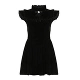 Ruffle Sleeve High Neck Velvet Black Mini Dress-Outfit