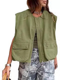 New Sleeveless Pocket Loose Vest Zipper Coat