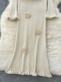 And Autumn Temperament Three-Dimensional Flowers V-Neck Long-Sleeved Knitted Dress