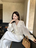 Price Does Not Return] Xiu Xixi 2025 Autumn Lotus Leaf V-Neck Chiffon Shirt Long-Sleeved Shirt Women