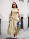 Solid Irregular Pleated A-line Maxi Dress Women Elegant Diagonal Collar Short Sleeve Robe 2024 Summer Lady Chic