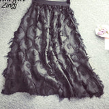 Tulle Midi Skirt Women Korean Fashion Feather Tassel Pleated Skirts Elegant A-Line Elastic Waist Chiffon Skirts Jupes