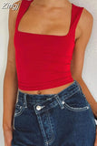 Women Wide Strap Camis Solid Sleeveless Square Neck Sling Tank Tops Summer Exposed Navel Vests Crop Tops