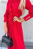 Solid Long Sleeve Shirt Dress Women Lace up Single Breasted Beach Maxi Party Dresses Turn-down Collar Split Sash