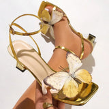 Selling Women High Heels Phantom Butterfly Mature PU Leather Square Head Heel Women's